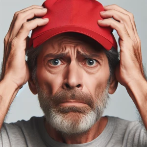 A very confused concerned middle aged man with a red baseball ca...