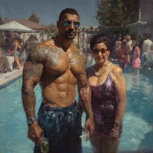 Hyperrealism,sharp painting ,a muscular beefy tattoed indian swe...