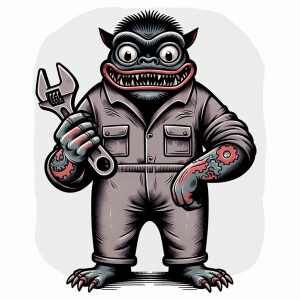 Cartoonish monster mechanic in grey coveralls holding a wrench i...