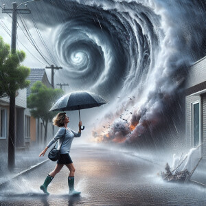 An American lady walking down the sidewalk of a town, carrying a...