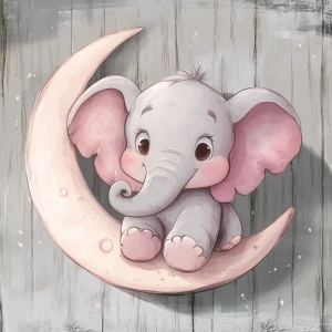 A cute, cartoon elephant sits on a stylized, rosy-pink crescent moon. The elephant is light gray with large, round, pink-spotted ears.  Its body is round and its trunk is curled gently upward.  The elephant's eyes are large and round, and its facial expression is happy and friendly. The elephant's legs and feet are visible, and its posture is relaxed, sitting. The moon is a soft, shaded pink, with watercolor-like texture and subtle shading. The background is a muted gray, resembling a wooden surface. The image is in a child-friendly style, showcasing delicate line work and color palettes. The composition is centered on the elephant, which is positioned on the moon. The overall style is sweet, whimsical, and reminiscent of children's book illustrations.  The colors are pastel and soothing, creating a gentle atmosphere.  Small, light pink polka dots accentuate the elephant's ears and trunk, enhancing the adorable aesthetic.