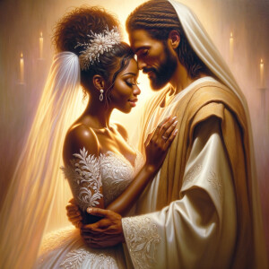 Imagine a hyper-realistic oil painting that captures a tender moment between theAfrican American bride and her God. The setting is intimate and filled with soft, warm lighting that enhances the emotional depth of the scene. The bride, in herexquisite wedding gown, shares a heartfelt embrace with her african-American Lord Jesus , who is dressedin an elegant outfit that complements the wedding's color scheme. Their expressions are full of love, pride, and joy, reflecting the special bond between them. Theattention to detail is paramount, from the intricate designs of their dresses to the subtle emotions conveyed in their facial expressions. The background is a blur ofgentle pastel hues, ensuring that the focus remains on this touching moment. Thispainting should convey the warmth, love, and depth of the relationship, with the rich textures and vibrant strokes characteristic of oil paintings, capturing the essence of this significant pre-wedding moment.