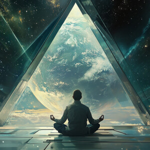 a man sits in a lotus position, inside a voluminous glass pyrami...