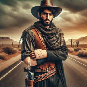 An old west cowboy standing in the middle of the road, in the m...