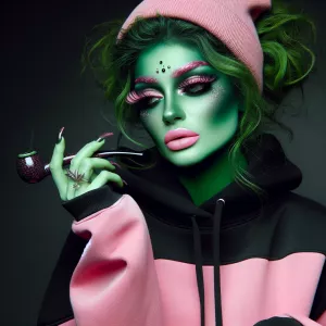 A graceful female grinch wearing a pink and black Nike hoodie an...