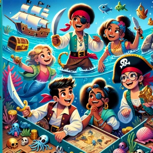 Design a fun and energetic box cover for a kids ttrpg about pira...