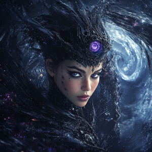 Create an ultra-realistic portrait of a cosmic witch standing in...