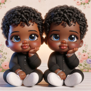 Imagine a pair of adorable, 3D animated african-American, infant twins with radiant blue eyes and curly black hair, posed with their chubby cheeks resting in their hands. They're dressed in simple yet stylish black onesies. Delicate jewelry adorns their wrists. They're seated comfortably with white sneakers on their feet. The background is a soft pastel floral pattern, creating an atmosphere of innocence and charm, without any text present in the image.