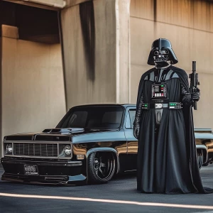 Darth Vader stands imposingly beside a 1986 Chevrolet C10, custo...