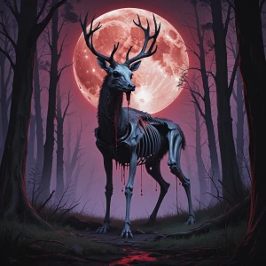 Zombified skeletal stag in a haunted forest under a blood-red mo...