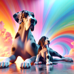 A Female Great Dane with her puppy next to her 3D Photolistic re...