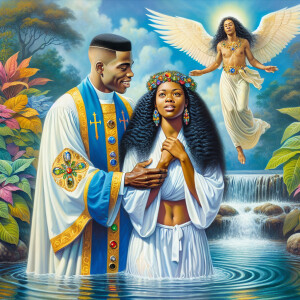 An oil painting depicting a light-skinned African-American pasto...