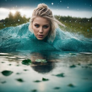 the essence of a caucasian woman with blonde hair emerging from...