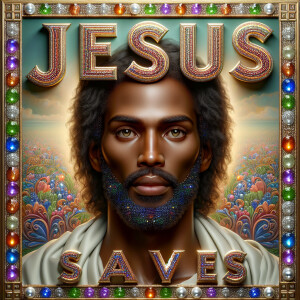 A 3D realistic artwork featuring the phrase 'Jesus Saves' adorne...