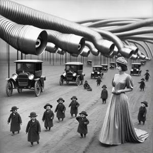 Create a monochromatic, early 20th-century science fiction scene...