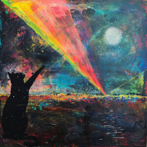 Imagine a scene inspired by Pink Floyd's iconic dark side of the...