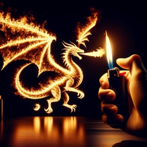 A lighter flickers to life in a dimly-lit room, and its flame tr...