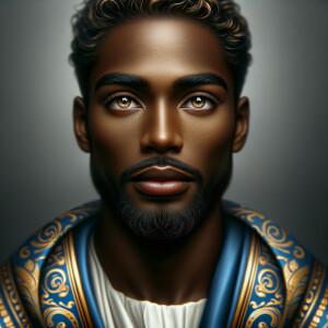 Create handsome African-American, Jesus, with Hazel Brown eyes wearing a blue and gold robe