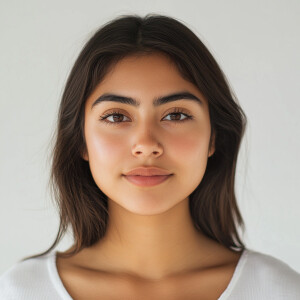 Portrait of a charming 19-year-old woman with a clean face, show...
