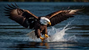 Bald eagle as they snatch a fish out of the water in lake, water...