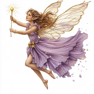 A fairy flying with a golden wand in her hand. Her clothing is s...