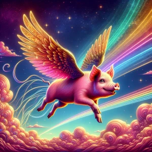 Illustrate Pigasus, the whimsical flying pig, soaring through a...