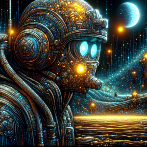 A robot exploring a deserted planet cover, hyperdetailed paintin...