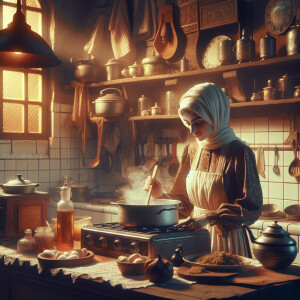 American Lady in old kitchen cooking, nice homey feel
