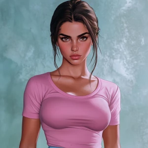 Lucia from GTA. girl with brown hair, big eyebrows, pumped up li...