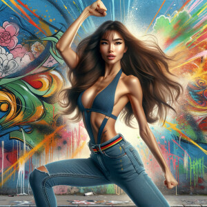 Athletic Thin skinny Attractive, Asian teenage girl, long brown hair and bangs, wearing tight skinny jeans and a halter top paint marks on her clothing, heroic pose Asian graffiti background