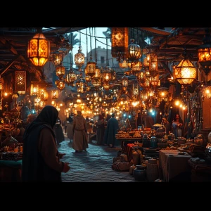 Ultra-realistic 8K IMAX cinematic shot of Moroccos bustling nigh...