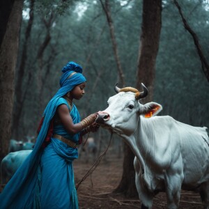 A blue skinned young Krishna petting a cow in a forest