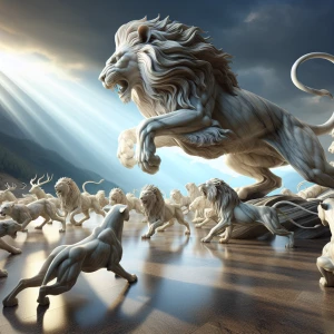 A dynamic scene depicting expertly sculpted marble animals poise...