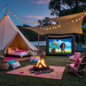 Outdoor girls' glamping birthday sleepover party featuring a  be...