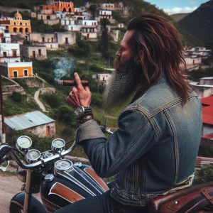 Draw a biker in a Jean jacket, smoking a Cuban cigar. Overlookin...