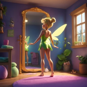 Tinkerbell the fairy. In her bedroom. End of the day. Hanging he...