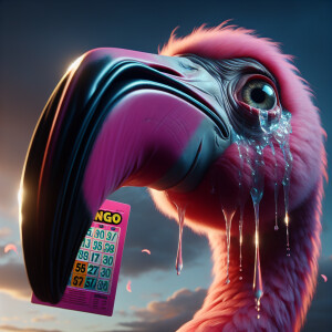 Extremely sad pink flamingo with exaggerated tears streaming dow...