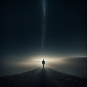 person standing in the middle of two paths, the air thick with a...