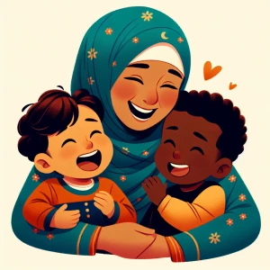 Create a charming, animated scene of a loving mother with her tw...