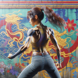 Athletic Thin skinny Attractive, Asian teenage girl, long brown hair and bangs, wearing tight skinny jeans and a halter top paint marks on her clothing, heroic pose Asian graffiti background, backside view