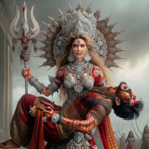 portrait of angry looking, gorgeous goddess durga cosplayer carrying a weak mahishasur in her two arms and stabbing him with her amazingly designed trident. She is wearing a huge silver crown, red saree, abundant silver jewelry, covered in blood. The scene is set in ancient India. The image is 8K resolution, cinematic, ultra detailed face and epic.