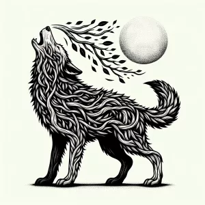 Create a black and white vector illustration featuring a wolf ho...