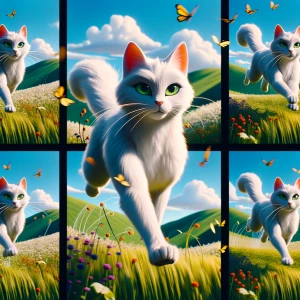 A video of a white cat running through a field