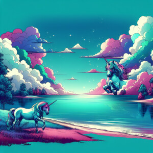 Imagine a serene scene by the lake where unicorns are frolicking...