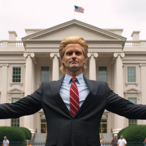 Donald trump standing in front of the white house, arms outstret...