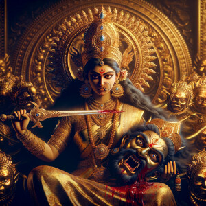 portrait of angry looking goddess durga sitting on a gold crown...