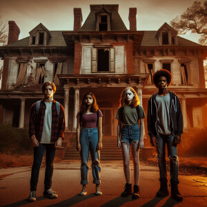 Four teenagers are standing outside an abandoned mansion at dawn