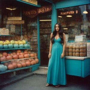 Create a faded film photograph from the early 1970s of a gorgeou...