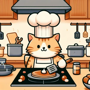 A cute, funny, chef, cat, making pancakes in the kitchen