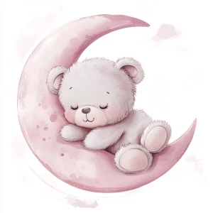 A cute, cartoon teddybear lies on a stylized, rosy-pink crescent moon. The teaddy bear is light gray with large, round, pink-spotted ears.  Its body is round and he has expressive eyes.  its facial expression is happy and friendly. The teddy bears leg and foot are visible, and its posture is relaxed, slumped in the curve of the moon. it's stomach is lying down on the moon with left arm and leg showing hanging down. The moon is a soft, shaded pink, with watercolor-like texture and subtle shading. The background is white. The image is in a child-friendly style, showcasing delicate line work and color palettes. The composition is centered on the teddy bear which is positioned on the moon, giving the moon a hug with closed eyes. The overall style is sweet, whimsical, and reminiscent of children's book illustrations.  The colors are pastel and soothing, creating a gentle atmosphere.